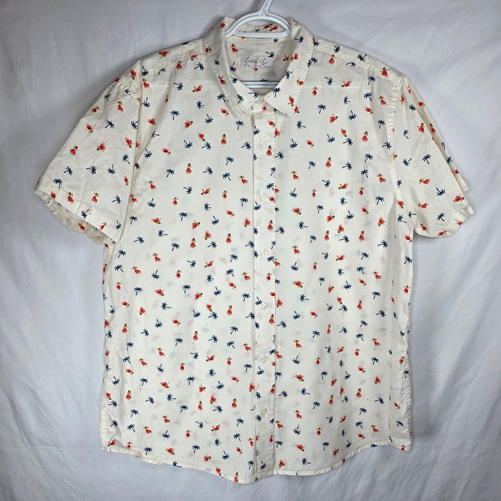 Cotton & Co Mens Short Sleeve Button Down Shirt XL Cream Hula Girl Palm Tree